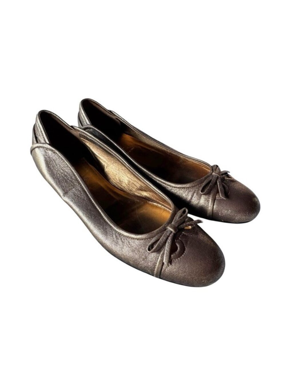 VTG Miu Miu Women's Sz 37.5 US 7 Metallic Bronze Gold Bow Detail Ballet Flats